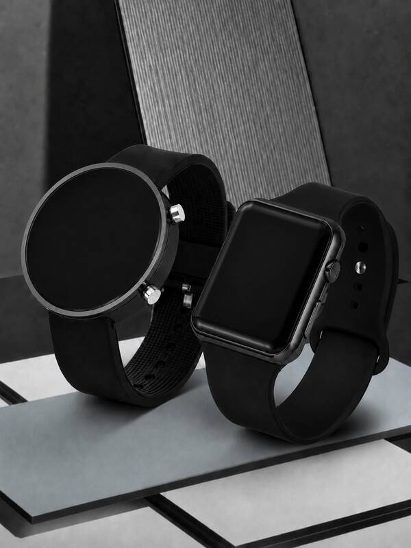2pcs/Set Couple LED Digital Electronic Watches, Round And Square Black Dial, Black Case With Silicone Strap, Minimalist Fashion Unisex Casual Sports Wristwatch Gift
