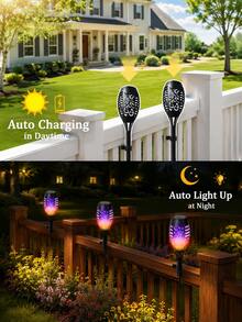 POSE UP 6pcs Solar Flame Light Strip, Waterproof Outdoor LED Fence And Deck Lights, Realistic Flickering Flame Effect Solar Landscape Lighting, With Switch Control, Easy Installation Decorative Lights, Suitable For Yard, Lawn, Pathway, Stairs, Driveway, Patio And Garden - Multicolor - View 7