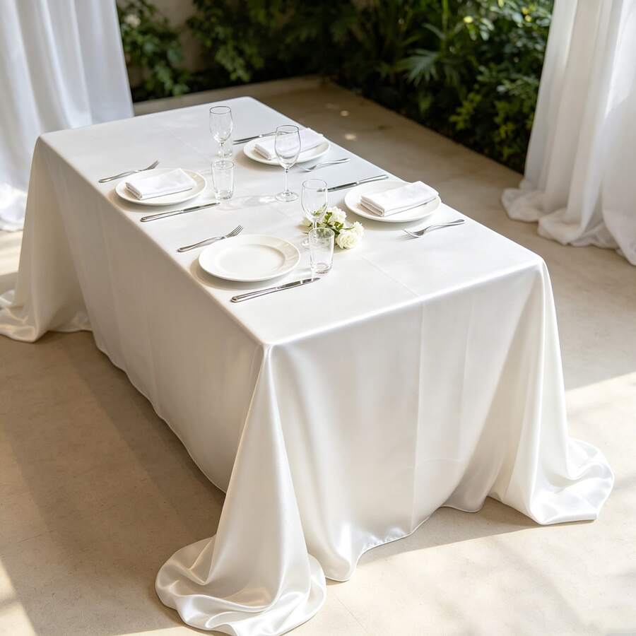 1pc Rectangular Satin Tablecloth, Suitable For Mother's Day And Holiday Decoration, Party, Banquet, Camping, Picnic, BBQ, Indoor And Outdoor Daily Use - White - View 1