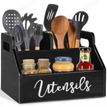 Kitchen Utensil Rack, Kitchen Utensil Storage Rack, Wooden Kitchen Tools, Tableware Rack, Seasoning Storage Rack With 3 Large Compartments, Tableware Box, Black Kitchen Accessories, Organizer Storage Box - Multicolor - View 1