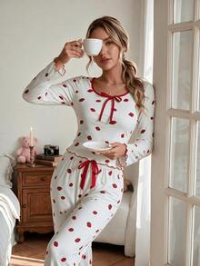Women's Strawberry Print Tie Neck Ruffle Long Sleeve Top + Elastic Waist Long Pants Pajama Loungewear Set - White - View 3
