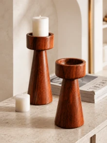 1pc/2pcs Red-Brown Wood Grain Pillar Candle Holder, Modern Wabi-Sabi Style Conical High-Low Candle Stand, Suitable For Dining Table Centerpiece, Living Room, Entryway, Console Table, Wedding Decor And Housewarming Gift, Candles Not Included - Mahogany Pillar Candle Holder - View 3