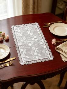HXARTMIS White 3D Floral Embroidered Lace Placemat, French Vintage Rectangular Mesh Table Runner, Decorative Lace Tablecloth For Dining Table, Wedding Party, Home Tabletop Decor - White - View 4