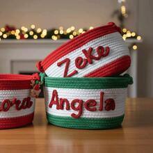 1pc Personalized Customized Christmas Basket Round Rope Storage Basket Holiday Gift Basket Holiday Storage Organizer Basket Knitted Rope Storage Bin - Multicolor - View 6