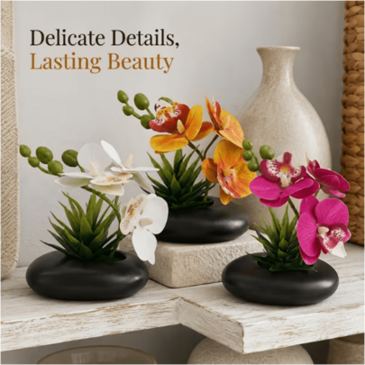 3 Pots Artificial Phalaenopsis Orchid Potted Plants, Artificial Orchid Desktop Floral Decor, Fresh Natural Home Decoration, Suitable For Living Room, Bedroom, Bathroom, Office, Bookshelf, Entryway, Windowsill, Dining Table Center, Coffee Table, Vanity, All Year Round, Spring Summer Autumn Winter, Can Be Used For Wedding Table Decor, Birthday Party, Housewarming, Holiday Space Arrangement