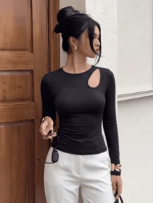 Sookaug Sexy Style Hollow Out Cutout Design Knit Sweater Women Slim Fit Flattering Long Sleeve Black Base Layer Top - Black - View 7