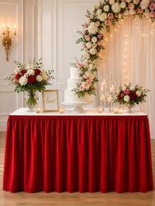 1pc Red Pleated Polyester Table Skirt, Elegant Rectangle Table Cover For Wedding, Birthday Party, Cake Dessert Table, Banquet, Buffet, Bridal Shower, Baby Shower & Christmas Decor - Red - View 10