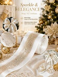 2.5 Inch Gold Glitter Wired Christmas Ribbon, White Champagne Mesh Polyester Ribbon With Metallic Edge, Christmas Tree Ribbon, Suitable For Bow Making, Christmas Tree Topper, Wreath, Holiday Party DIY Decoration - Gold Fan Belt - View 10