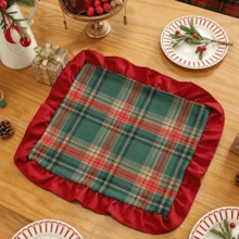 1pc Christmas Plaid Patchwork Velvet Ruffle Table Runner, Suitable For Christmas Holiday And Home Decor - Green Plaid - View 11