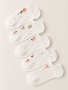 5 Pairs Random (Non-Embroidered) White Flower Bow Boat Socks, Breathable & Comfortable, Suitable For All Seasons, Random Colors - Multicolor - View 3