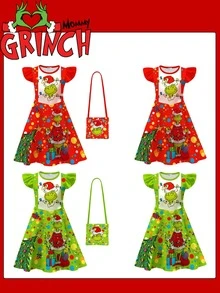 The Grinch 6pcs The 2026 New Christmas Halloween Dream Forest Flutter Sleeve Dress For Big Kids - A - View 1