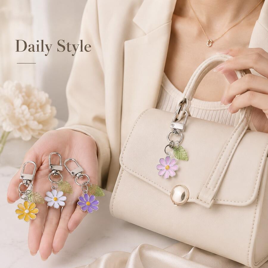 1pc Cute Enamel Daisy Flower Keychain For Women, Colorful Mini Bag Charm With Leaf Pendant, Lightweight Keyring For Handbag Purse Backpack Gift - Quantity - View 1