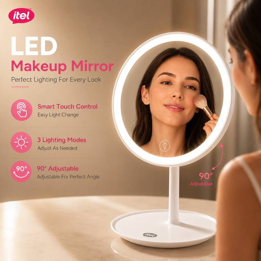 itel IMM-01 LED Makeup Mirror With Lights, Rechargeable Dimmable Desktop Vanity Mirror, 3-Level Brightness, USB Type-C Charging, 480-Min Long Battery Life, Cosmetic Mirror With Storage Base - White - View 1