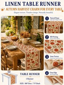 1pc-Autumn Pumpkin Table Runner, Vintage Farmhouse Linen Fall Table Runner, Decorative Table Runner For Thanksgiving Harvest Dinner Party Indoor Outdoor Dining Table Decor - Multicolor - View 6