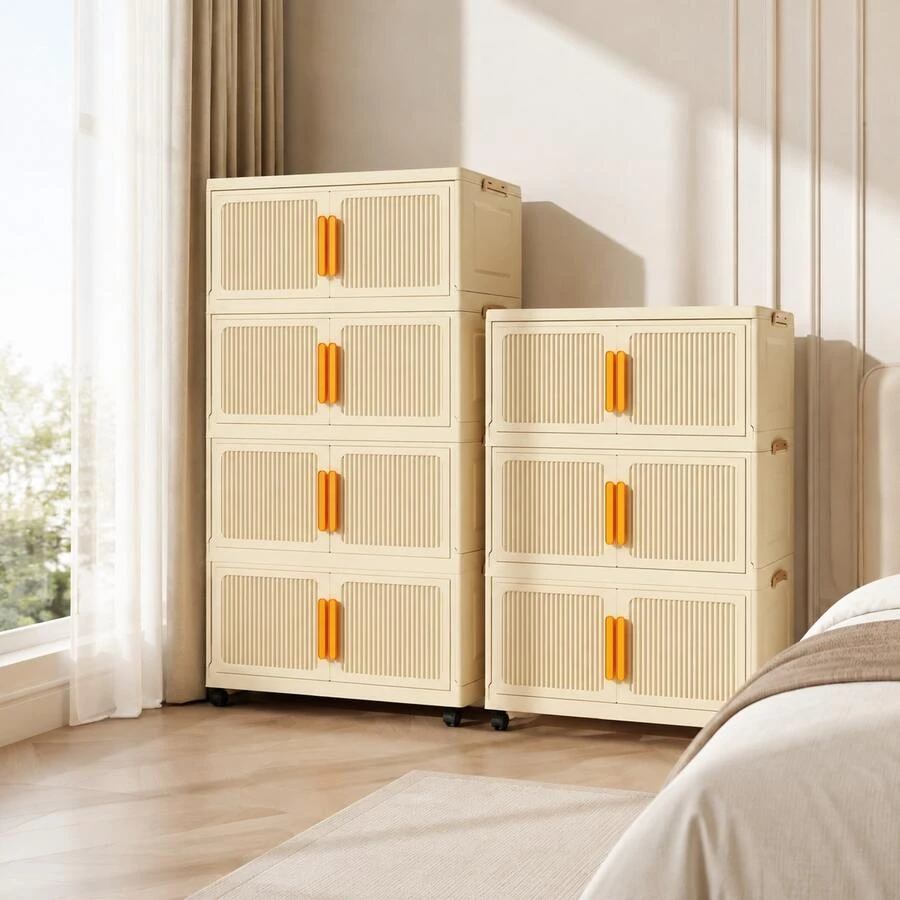 Portable Stackable Storage Cupboard With Orange Handles, Dustproof Wardrobe For Home Organization