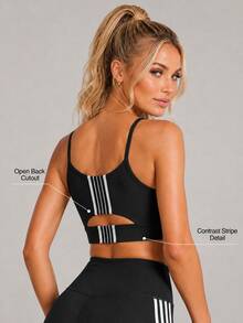 Sodalemon Women's Colorblock Striped Hollow Back Sports Bra, U-Neck Spaghetti Strap Cropped Fitness Bra - Black - View 1