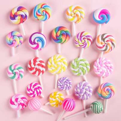 5pcs Colorful Mini Resin Lollipops, Cute Realistic Candy, Colorful Swirl DIY Accessories, For Candy House Decoration, Decorative Display, Handmade Crafts, Christmas, Birthday, Party Favors (Random Style)