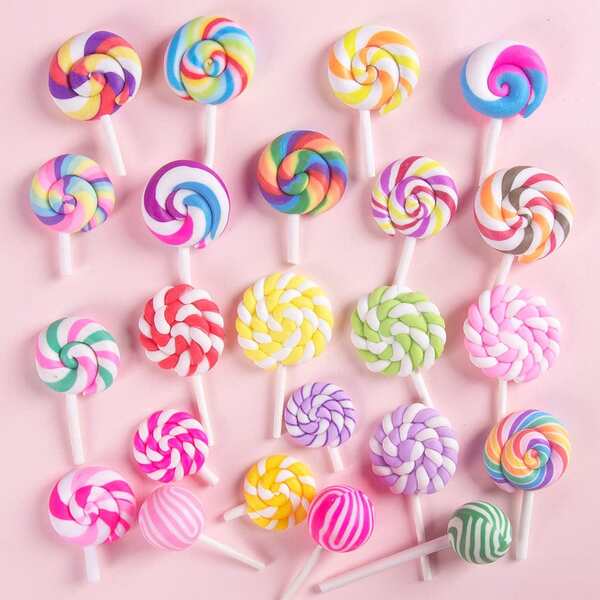 5pcs Colorful Mini Resin Lollipops, Cute Realistic Candy, Colorful Swirl DIY Accessories, For Candy House Decoration, Display, Party Favors (Random Style)