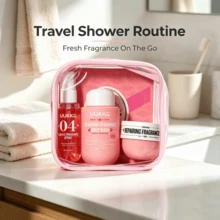 UUKKG Travel Body Care Set: Refreshing Shower Gel, Moisturizing Body Lotion And Long-Lasting Fragrance Spray, Portable Fresh Bath Essentials, With Transparent Storage Bag - Pink (3-piece Set) - View 1