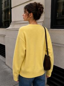 Women's Soft Oversized V-Neck Knit Sweater Long Sleeve Drop Shoulder Top For Fall - Yellow - View 2