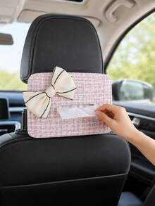 1pc Car Tissue Box Holder, Cute Bow Plaid Hanging Tissue Dispenser, Polyester Car Tissue Dispenser, Suitable For Seat Back, Sun Visor, Center Console, Universal Car Interior Accessory, Women's Style, Car Travel Essential - A - View 6