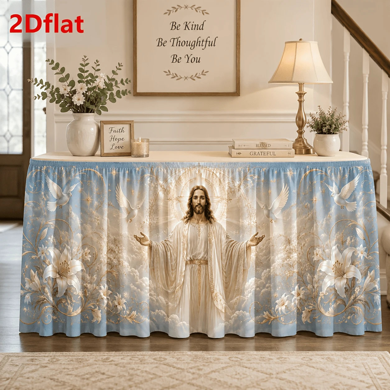 1pc Religious Wedding Altar Table Skirt, Elegant White Floral & Dove Print Tablecloth, Suitable For Church Communion Ceremony, Banquet, Party Event Decoration - Multicolor - View 1