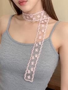 1pc Women Floral Lace Long Scarf, Versatile Neck Ribbon & Hair Band, Korean Style Sweet Aesthetic Y2K Dress Accessory - White - View 5