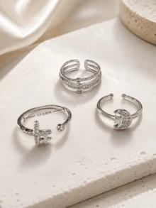 1套3件裝 Celestial 系列 CZ 戒指組，適合女性與女孩，極簡可疊戴日常珠寶，返校季珠寶 - 彩色 - 查看 4