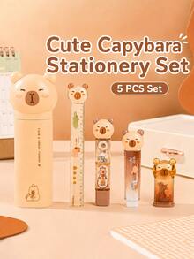5pcs/Set Capybara-Shaped Stationery Ruler Set, Suitable For Studying, Writing, And Crafting; A Stylish And Portable Stationery Set,For The School - Camel - View 4