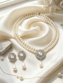 3pcs Vintage Silver Double Layer Pearl Necklace & Earrings Set, Elegant Pendant Jewelry, Suitable For Women's Daily, Wedding, Party Gift - Pearl Pendant Set - View 4
