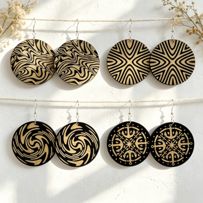 4 pares de pendientes de madera tallada con colgante geométrico redondo estilo bohemio, joyería de oreja de madera ligera y versátil personalizada