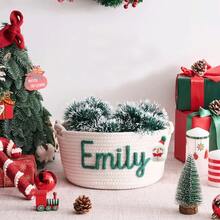 1pc Personalized Customized Christmas Basket Round Rope Storage Basket Holiday Gift Basket Holiday Storage Organizer Basket Knitted Rope Storage Bin - Multicolor - View 8