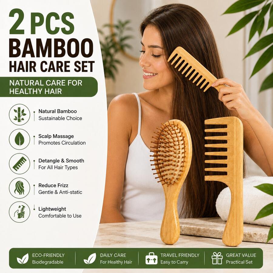 2‑Piece Natural Bamboo Hair Brush Comb Set, Paddle Cushion Hair Brush & Wide Tooth Detangling Comb, Wooden Handle Hair Styling Kit For All Hair Types Women Daily Use - Apricot - View 1
