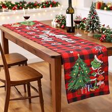 The Grinch The 1Pc Merry Grinchmas Table Runner, Red Buffalo Plaid Christmas Table Decor, Cartoon Print Tablecloth Runner, Holiday Party Tabletop Decoration For Home Kitchen - Multi-color - View 5