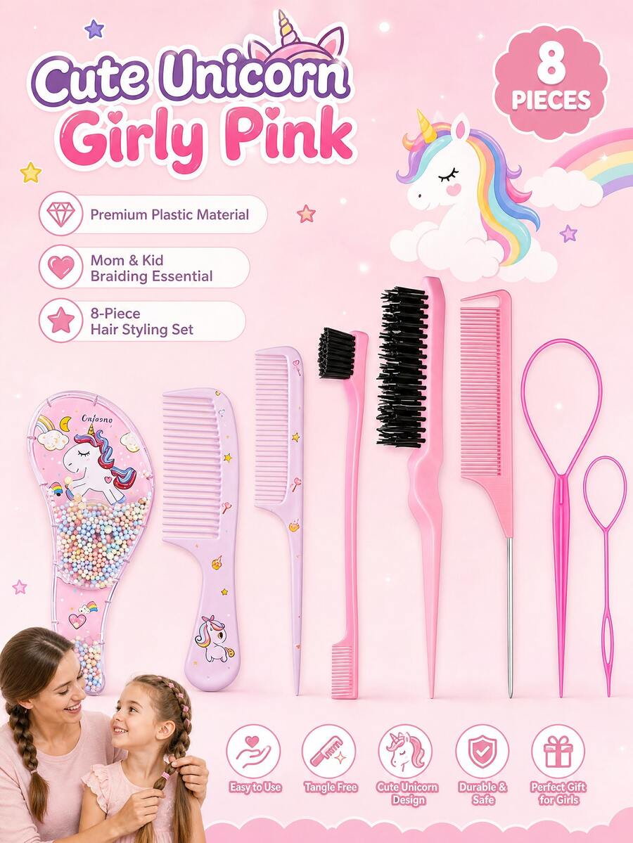 8pcs Kids Cartoon Crescent Moon Shaped Hair Tool Set - Cartoon Comb, Parting Comb, Side Comb, Rat Tail Comb, Braiding Tools, Suitable For Various Hairstyles, Ideal Gift Choice - Multicolor - View 1