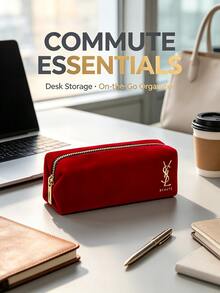 Yves Saint Laurent YSL Saint Laurent Luxury Burgundy Velvet Makeup Bag With Gold Foil Logo, Compact Portable Zippered Cosmetic Pouch - Wine Red Red Envelope - View 5