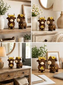 1pc Cute Highland Cow Resin Figurine With Sunflower, Rustic Farmhouse Style Cow Statue, Cottagecore Desktop Decor, Suitable For Living Room, Bookshelf, Mantel, Entryway, Gift For Cow Lovers - New Product - View 2