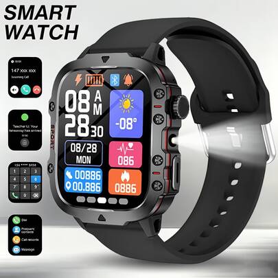 Latest Fashion Tech Design, Equipped With LED Lights, 1.83-Inch Silicone Strap Full-Screen Touchscreen Outdoor Sports Men's Smart Watch, Wireless Call, Answer Calls, Call Reminder/Reject, Message Notification, Sports Pedometer, Wireless Music, Multiple Sports Modes, Suitable As Birthday Gift, Holiday Gift For Couples, Elders, Friends, Classmates