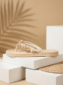 CAJUNI Tali Sepatu Buatan Tangan dengan Hiasan Berlian Imitasi dari Kerang dan Bintang Laut Alami, Sandal Pantai Kasual Nyaman untuk Wanita, Cocok untuk Liburan Musim Panas - Krem - View 2