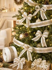 2.5 Inch Gold Glitter Wired Christmas Ribbon, White Champagne Mesh Polyester Ribbon With Metallic Edge, Christmas Tree Ribbon, Suitable For Bow Making, Christmas Tree Topper, Wreath, Holiday Party DIY Decoration - Gold Fan Belt - View 3