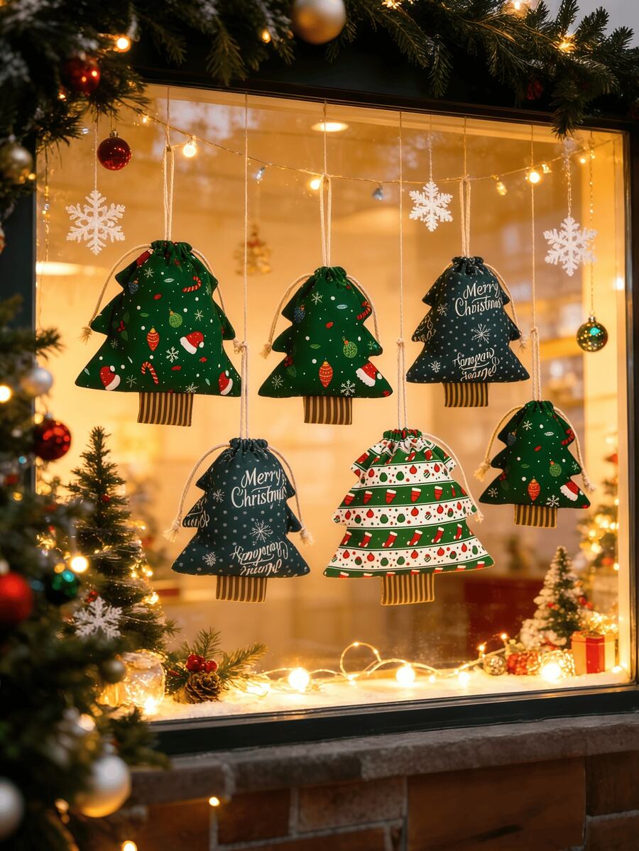 9pcs Cute Christmas‑Tree‑Printed Drawstring Pouch, Dual‑Purpose Storage & Decor. Festive Hanging Ornament For Windows & Parties. Stores Candies, Small Gifts And Mini Decor. Hang On Trees, Walls Or Parties To Build Warm Christmas Vibes. - Multicolor - View 1