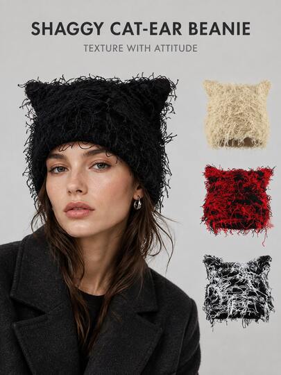 1pc Y2K Asian Style Long Fur Tassel Cat Ear Knit Hat For Women, Atmospheric Lazy Loose Slouchy Beanie, Warm Knitted Hat For Autumn/Winter