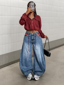 Women's Casual Wide Leg Jeans With Plaid Pocket And Rope Detail Design - Medium Wash - View 4