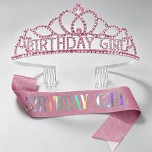 1pc Rhinestone Decor Birthday Party Crown And 1pc Sash Set, Blue Glitter Sash Decoration, For Girls Birthday Party,Christmas - Sky Blue - View 9