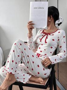 Women's Strawberry Print Tie Neck Ruffle Long Sleeve Top + Elastic Waist Long Pants Pajama Loungewear Set - White - View 7