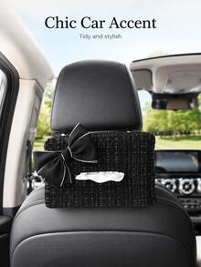 1pc Car Tissue Box Holder, Cute Bow Plaid Hanging Tissue Dispenser, Polyester Car Tissue Dispenser, Suitable For Seat Back, Sun Visor, Center Console, Universal Car Interior Accessory, Women's Style, Car Travel Essential - A - View 5