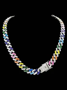 Rainbow Oil Drop Rhinestone Cuban Necklace, Colorful Enamel Chunky Chain Choker, Hip Hop Street Style Accessory, Versatile Personalized Jewelry For Music Festivals And Parties, Unisex - Colorful Chain - View 1