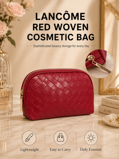 Lancôme Red Woven Makeup Bag, 22.7*6.5*15.5cm, Woven Texture, Spacious Capacity, Smooth Zipper, Easy To Carry, Stain-Resistant, Suitable For Daily Use