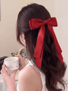 2件組紅色緞面蝴蝶結髮夾，長尾緞帶蝴蝶結髮夾，法式風髮夾，優雅女童派對日常佩戴髮飾，秋季搭配 - 紅色 - 查看 3