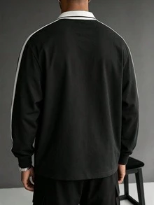 Men's Spring/Autumn Super Popular Minimalist Contrast Color Lapel Long Sleeve Polo Shirt - Black - View 3